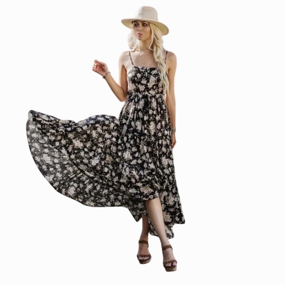 Spell Womens Dark Floral Tiered Maxi Dress Boho Size S Cottage Prairie Gypsy